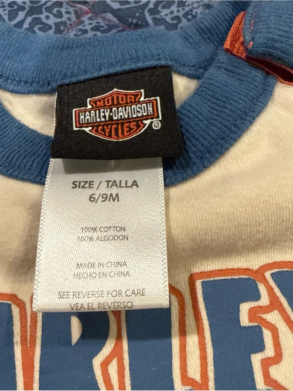 Harley-Davidson Baby One-Piece in White, Blue & Orange 6 to 9 moths